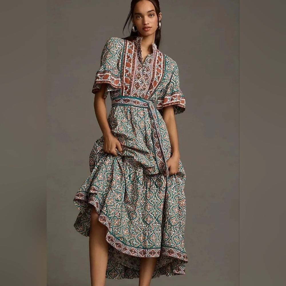 ANTHROPOLOGIE SUE SARTOR FLOUNCE MIDI DRESS NWT MEDIUM